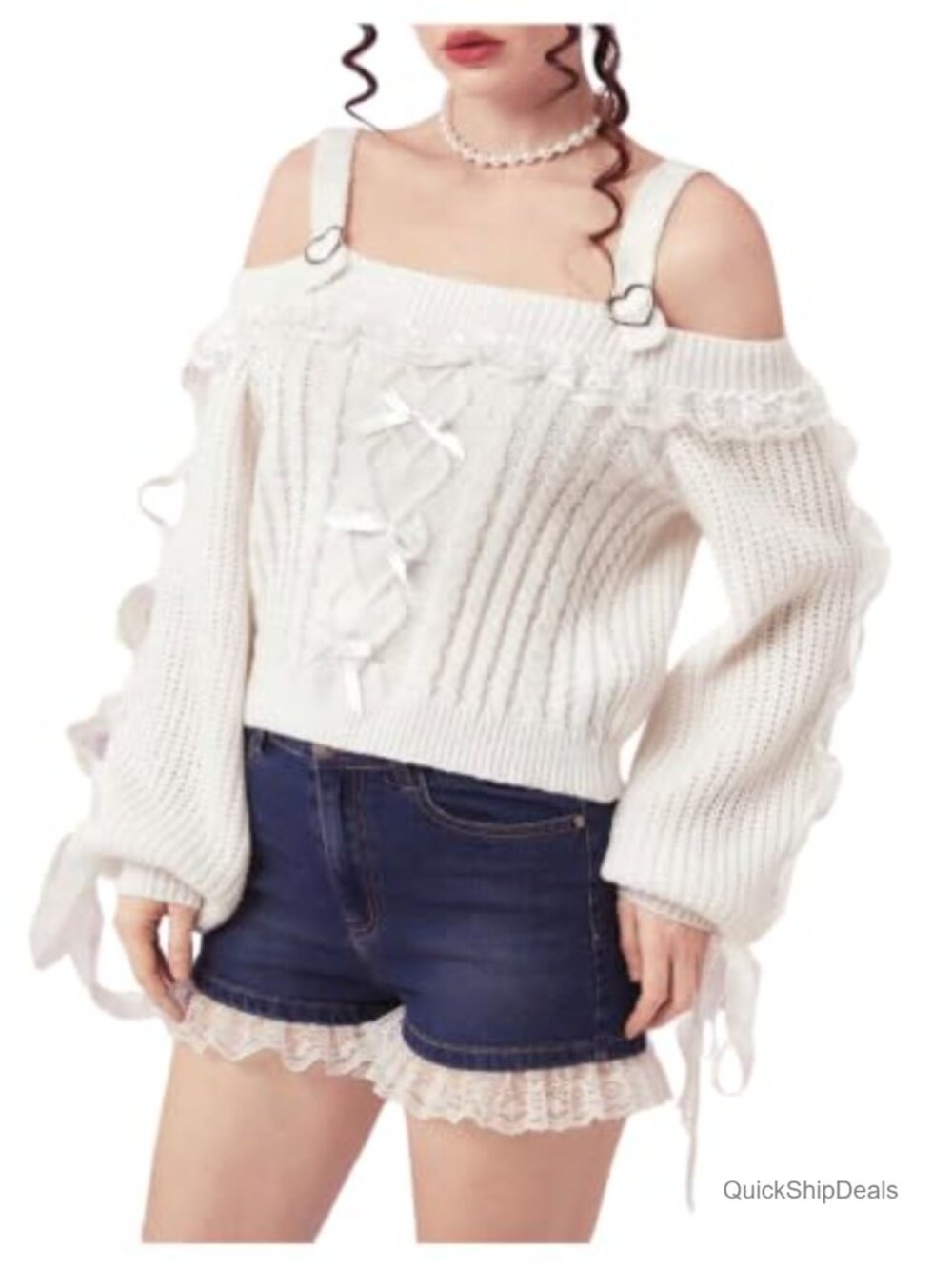 Off Shoulder Bow Lace Trim Long Sleeve Y2K Cropped Sweater